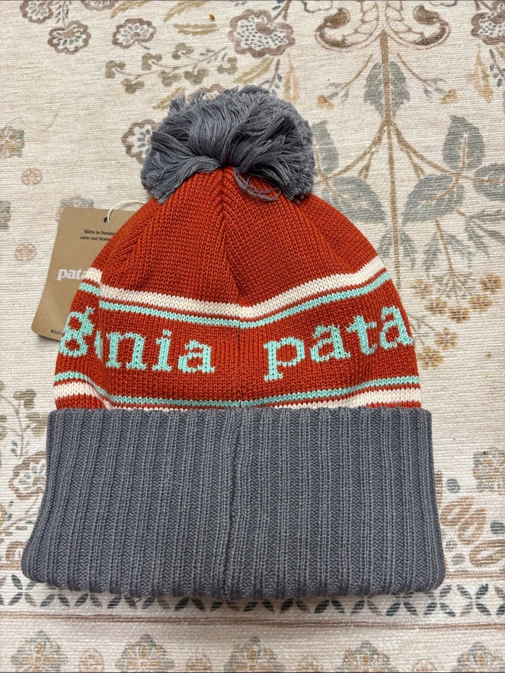 Patagonia Kids Powder town Beanie — Rust Orange & Gray